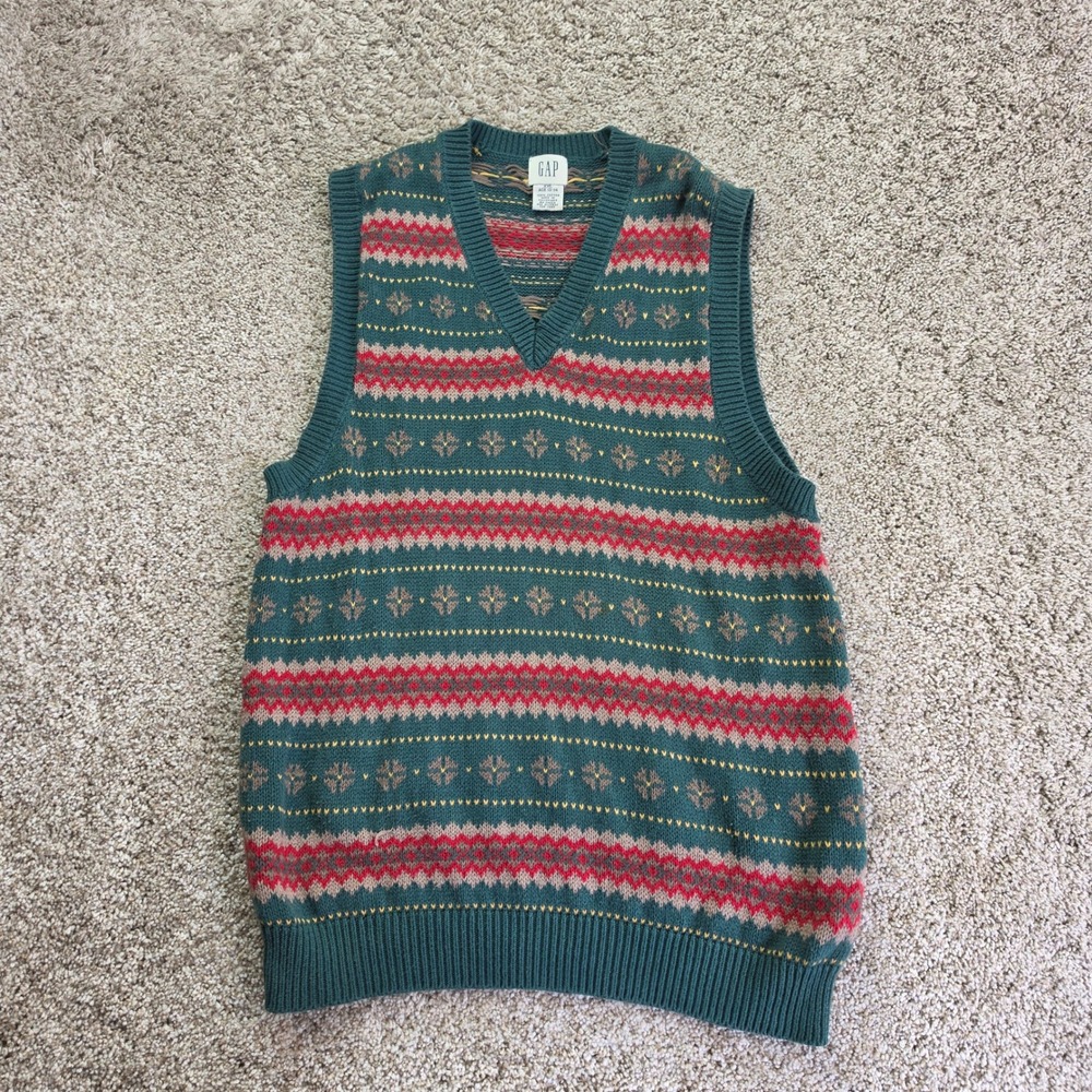 VINTAGE Gap Fair Isle Sweater Vest Kids Boys XXL 13-14 Green Red Preppy V-Neck